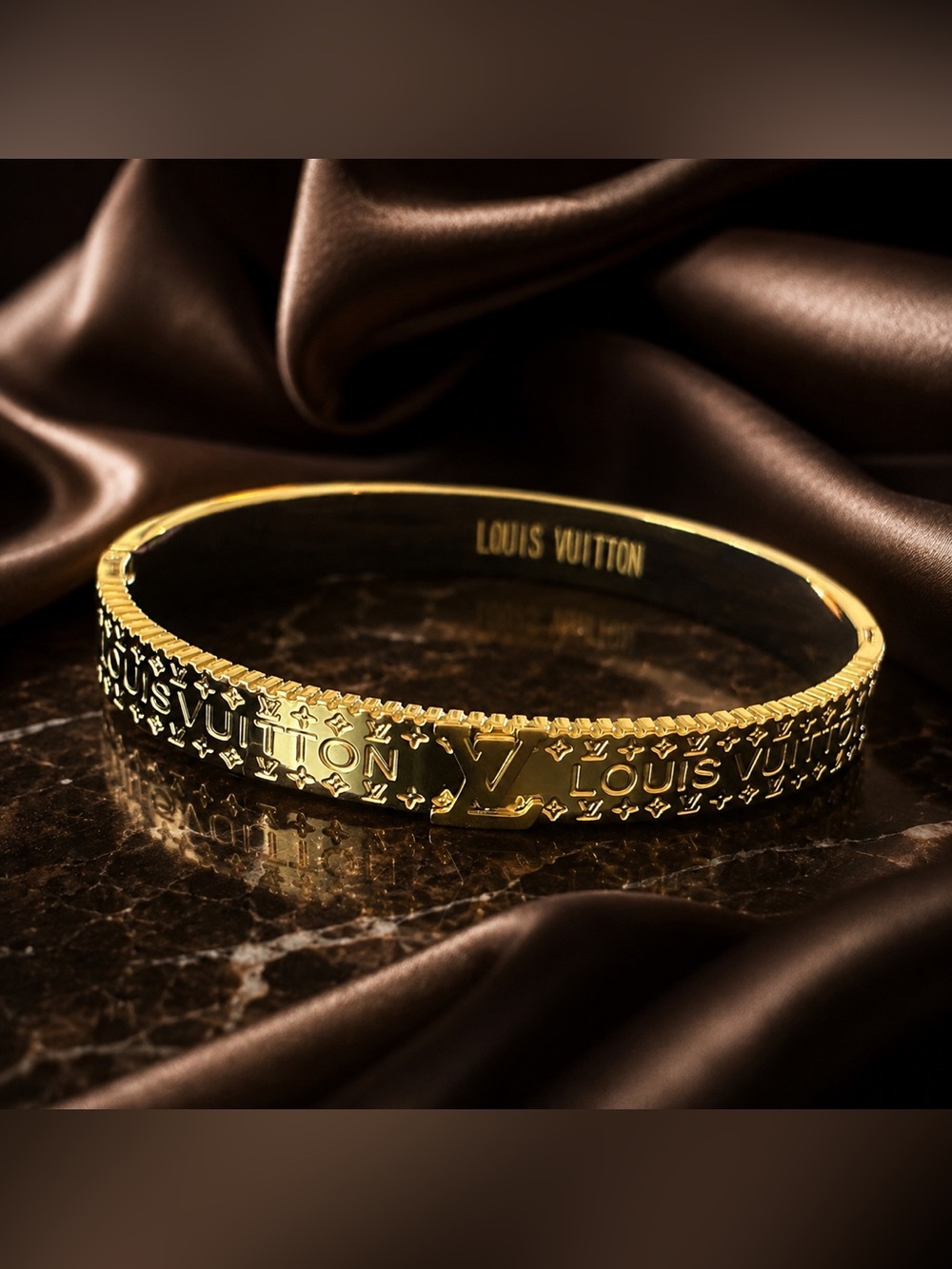 Gold LV Monogram Hinged Bangle Bracelet